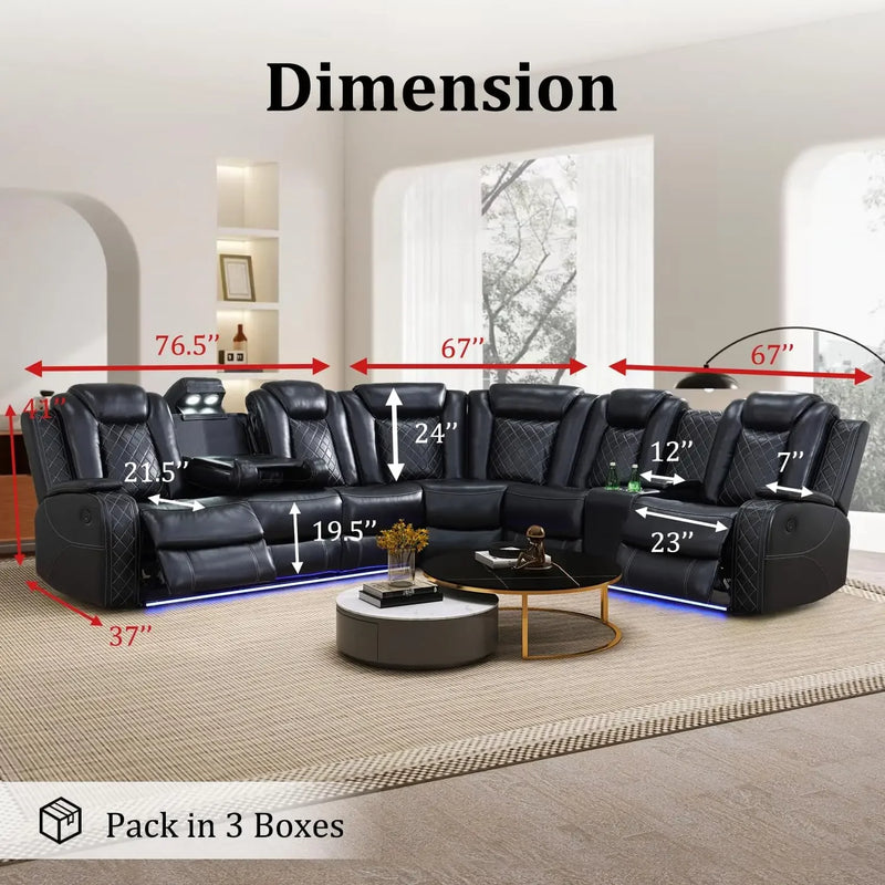 Sofa Living Room, Power Reclining Sectional Sofa USB Chargers And Storage Console, Leather Recliner Sofa For Living Room Set