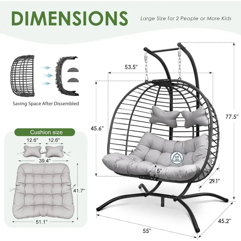 2 Person Double Egg Chair Outdoor Patio Wicker Loveseat Hanging Chair Swing Egg Chairs with Beige Cushions Double Seats