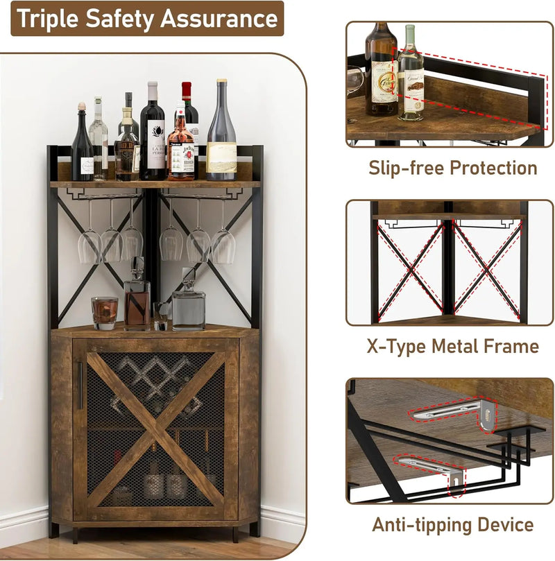 Farmhouse Corner Wine Cabinet with Storage, Wine Bar Cabinet with Glass Holder, Liquor Cabinet with Metal Mesh Doors & Adjustable Shelf