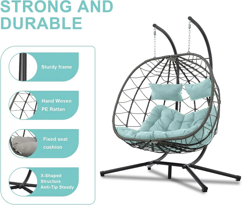 2 Person Double Egg Swing Chair with Stand Indoor Outdoor, Hammock Swing Chair Foldable Hanging Chair, Patio Wicker
