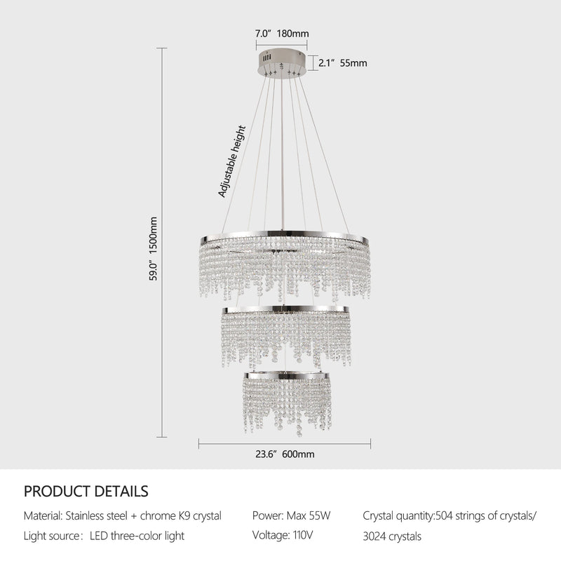 23.6-inch Crystal Chandelier, Dimmable Led Ceiling Lamp, Adjustable Color Temperature 3000K/4000K/6000K, Height Adjustable, Luxury Round Chandelier Arrival 6-10 days