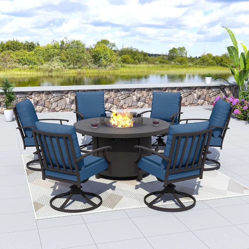 7 Piece Metal Outdoor Patio Furniture Set with Round Fire Pit Table, Patio Conversation Sets, Garden Furniture Sets