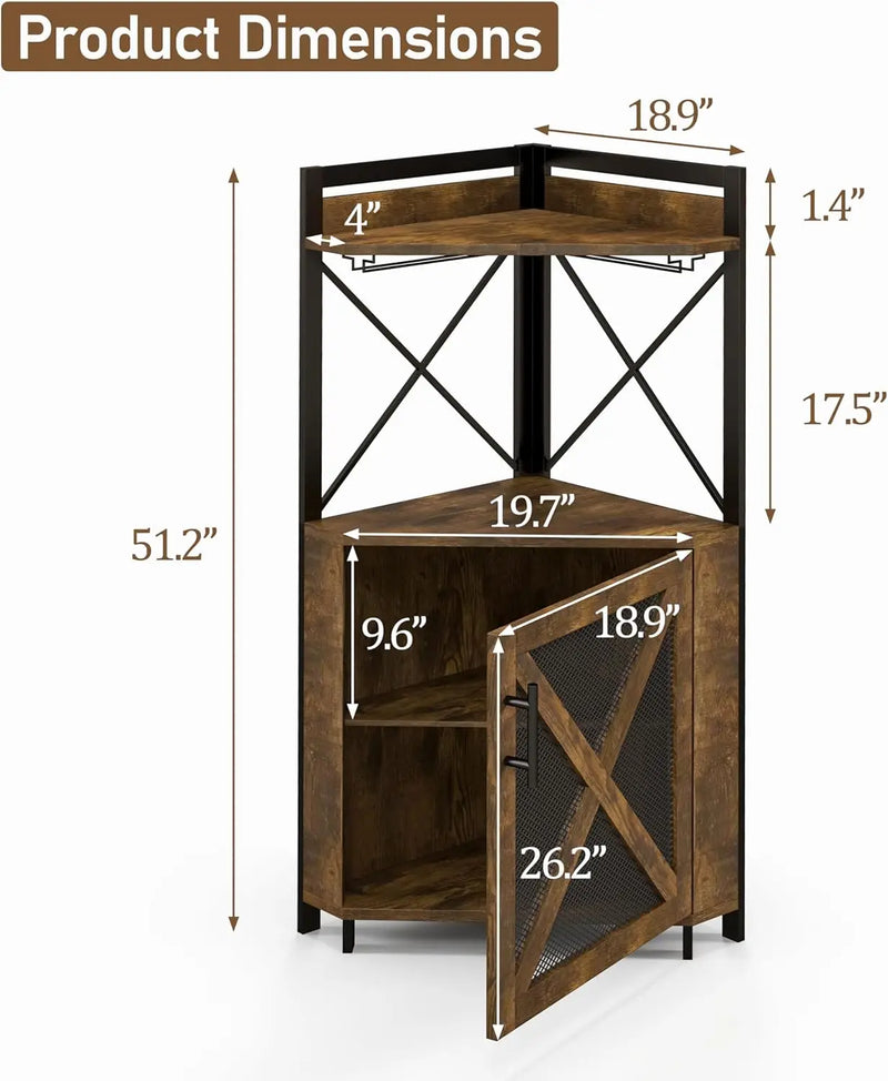 Farmhouse Corner Wine Cabinet with Storage, Wine Bar Cabinet with Glass Holder, Liquor Cabinet with Metal Mesh Doors & Adjustable Shelf