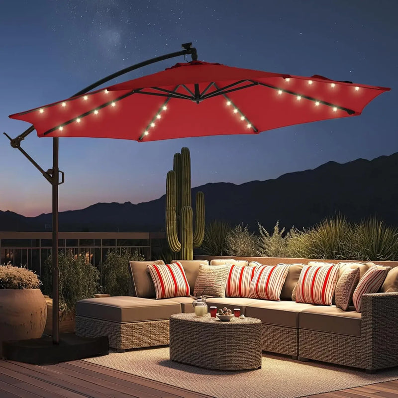 10ft Solar Lights Patio Umbrella W/Light and Base, Patio Outdoor Market Umbrella UPF50+ UV Protection with Easy Tilt and Crank