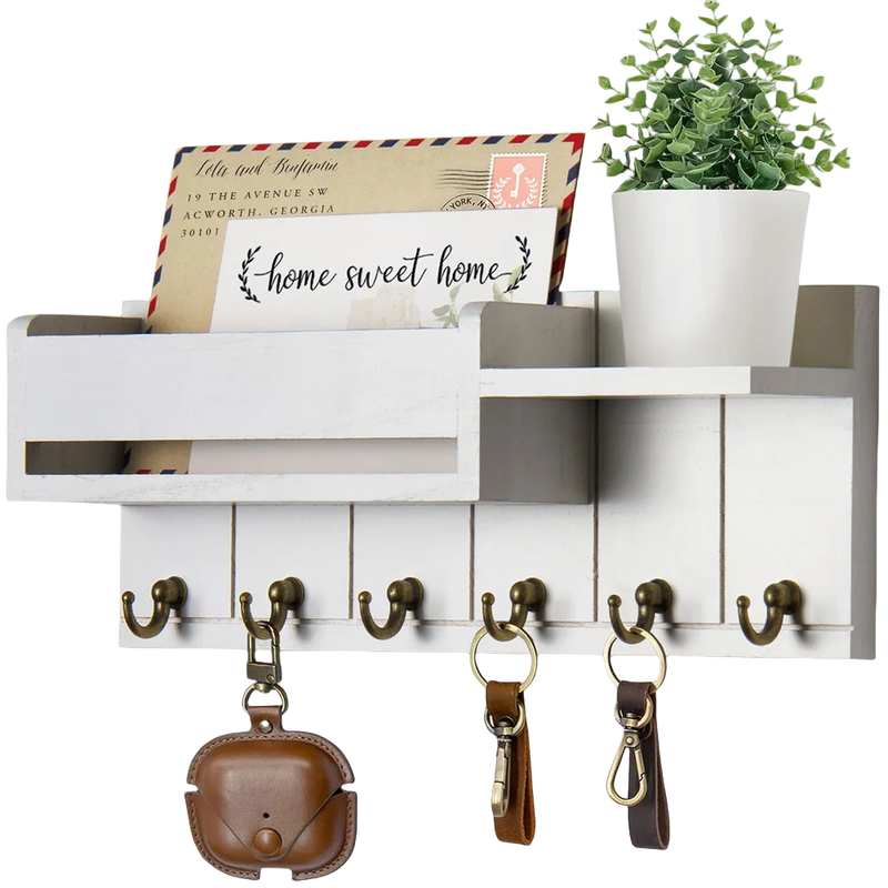 Decorative Key Rack and Mail Organizer with 6 Key Hooks Rustic Wood Key Holder Wall Mounted with Shelf for Living Room Enterway