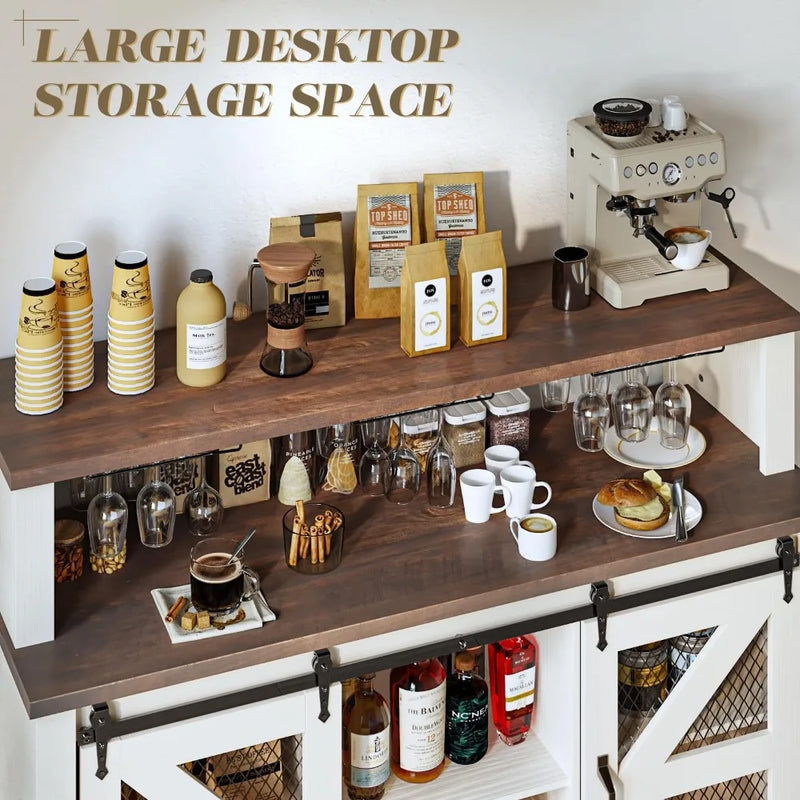 55" Coffee Bar Cabinet with LED Lights, Farmhouse Wine Bar Cabinet for Home with Wine Glass Rack, Kitchen Buffet Cabinet with Sl