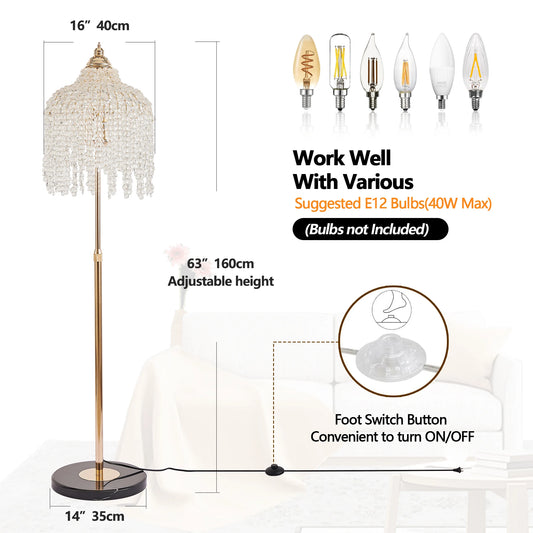 Elegant Crystal Floor Lamp – 3-Light Vintage Waterfall Design with Grape-Shaped Crystal Bead Strings & Marble Texture Base