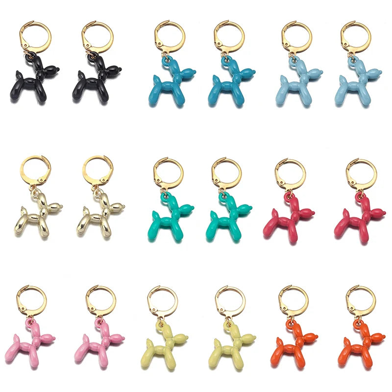 2023 New Cute Golden Balloon Dog Puppy Dangle Earrings For Women Cartoon Drop Dangle Hoop Earring Set Aesthetic Ear Jewelry