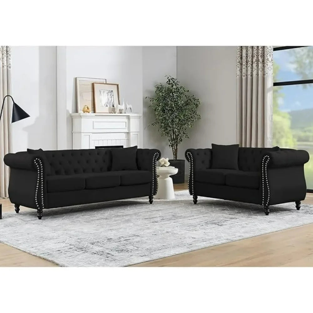 2 Piece Chesterfield Velvet Combination Sofa,3-Seater and Loveseat Sofa Set Tufted