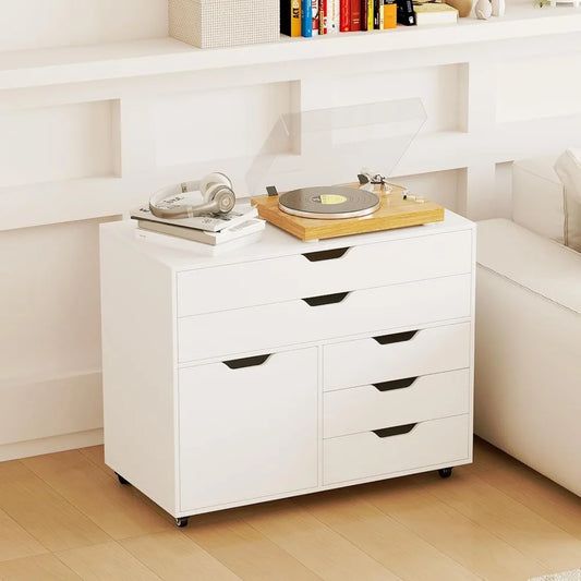 File Cabinet, Rolling Lateral Filing Cabinet with 2 Large Drawers, 3 Small Drawers, Side Cabinet, Wheels, Load 220 Lbs, Office