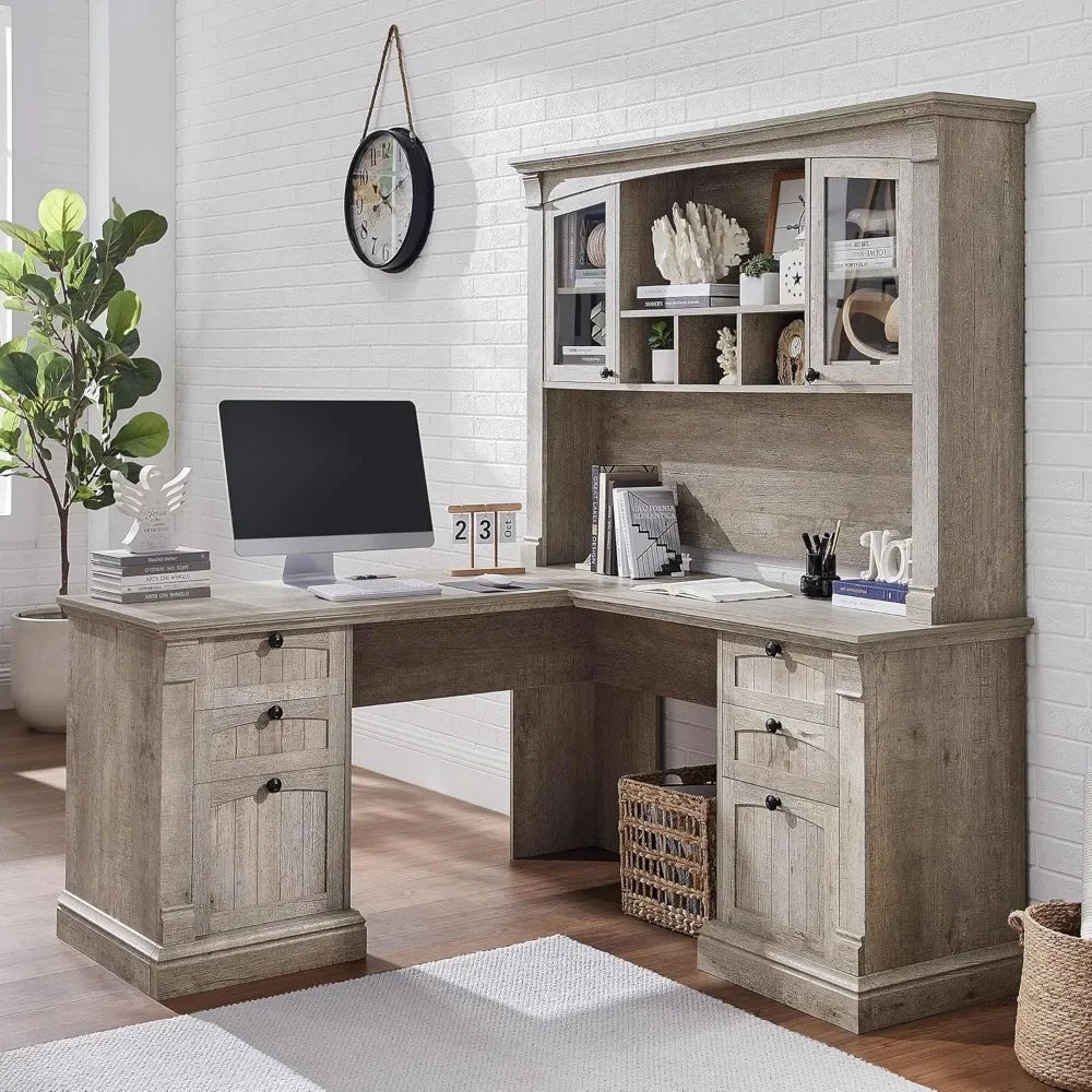 60" L Shaped Executive Desk with Hutch and Drawers,  Home Office Desk with Charging Station, File Cabinet Storage,