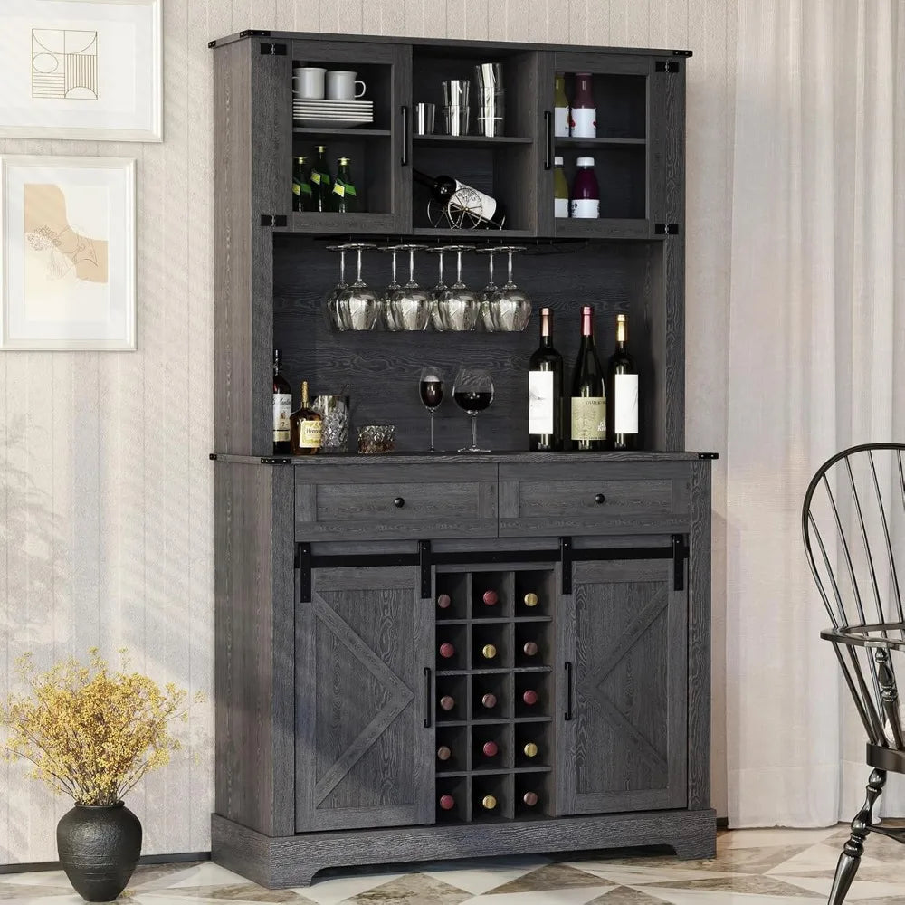 Wine Bar Cabinet with Sliding Barn Door, Hutch Cabinet with Wine&Glasses Rack, Tall Farmhouse Kitchen Pantry Buffet
