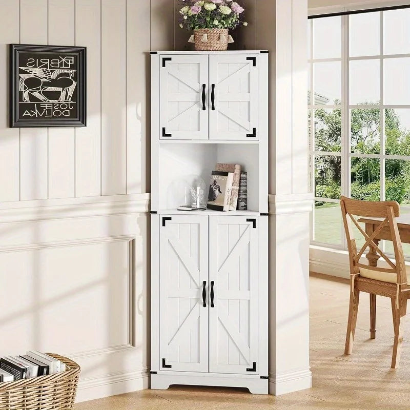 Maupvit 68" Tall Corner Cabinet with 4 Barn Doors and Adjustable Shelves Farmhouse Bathroom Cabinet with Storage Home Sp