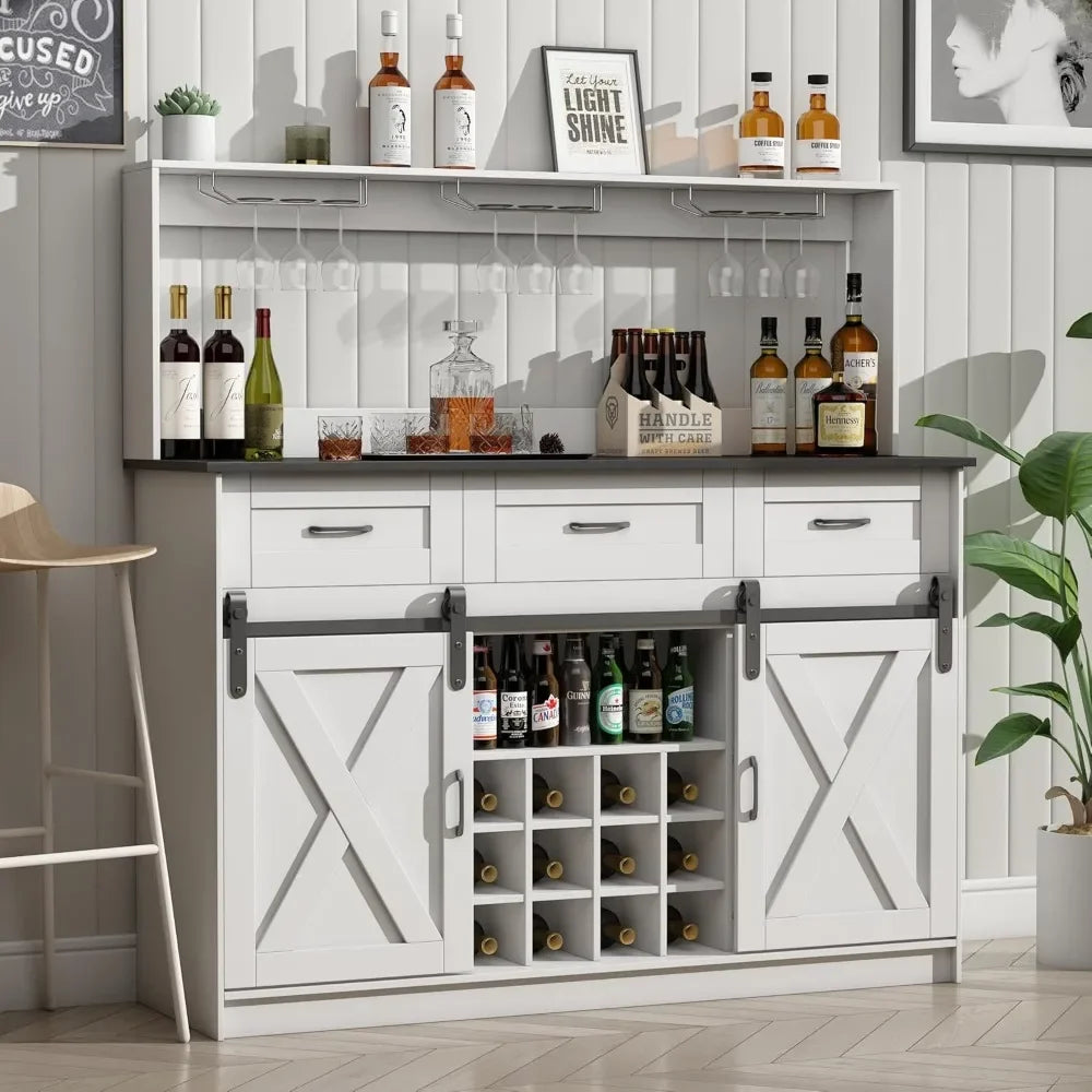 52" Farmhouse Coffee Bar Cabinet with Storage, Wine Bar Cabinet with 9 Glass Holders and 12 Grid Wine Racks, Wood Buffet Cabinet