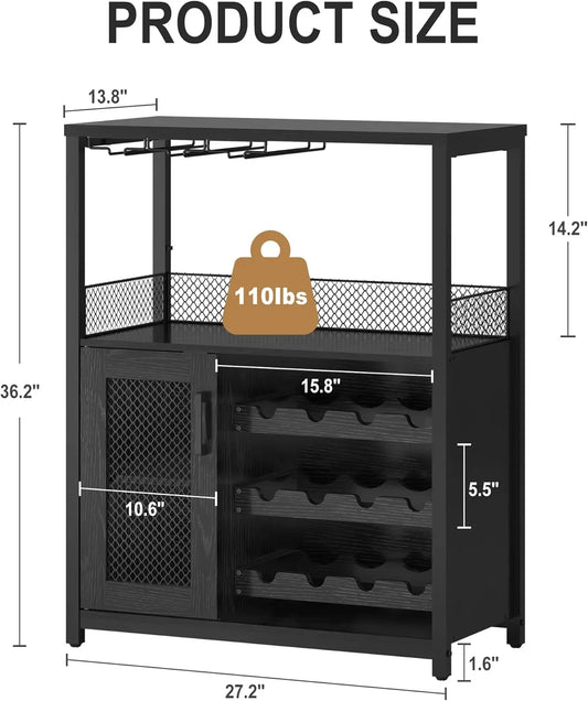3-Tier Wine Bar Cabinet With Led Lights, Detachable Wine Rack And Storage Space, Buffet Cabinet With Glass Holder And Mesh