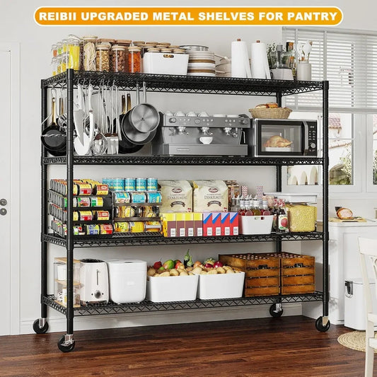 REIBII 55.5''W Storage Shelves 2500LBS Wire Shelving Rack with Wheels 75.6" H Heavy Duty Shelving Unit Adjustable Metal Shelves