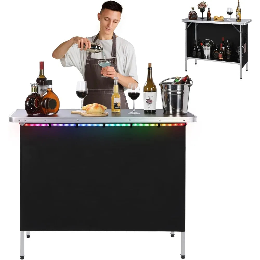 Portable Bar Table with Multi-Color LED Lights, Pop Up Folding Mobile Bar Bartender Table Podium Table for Events
