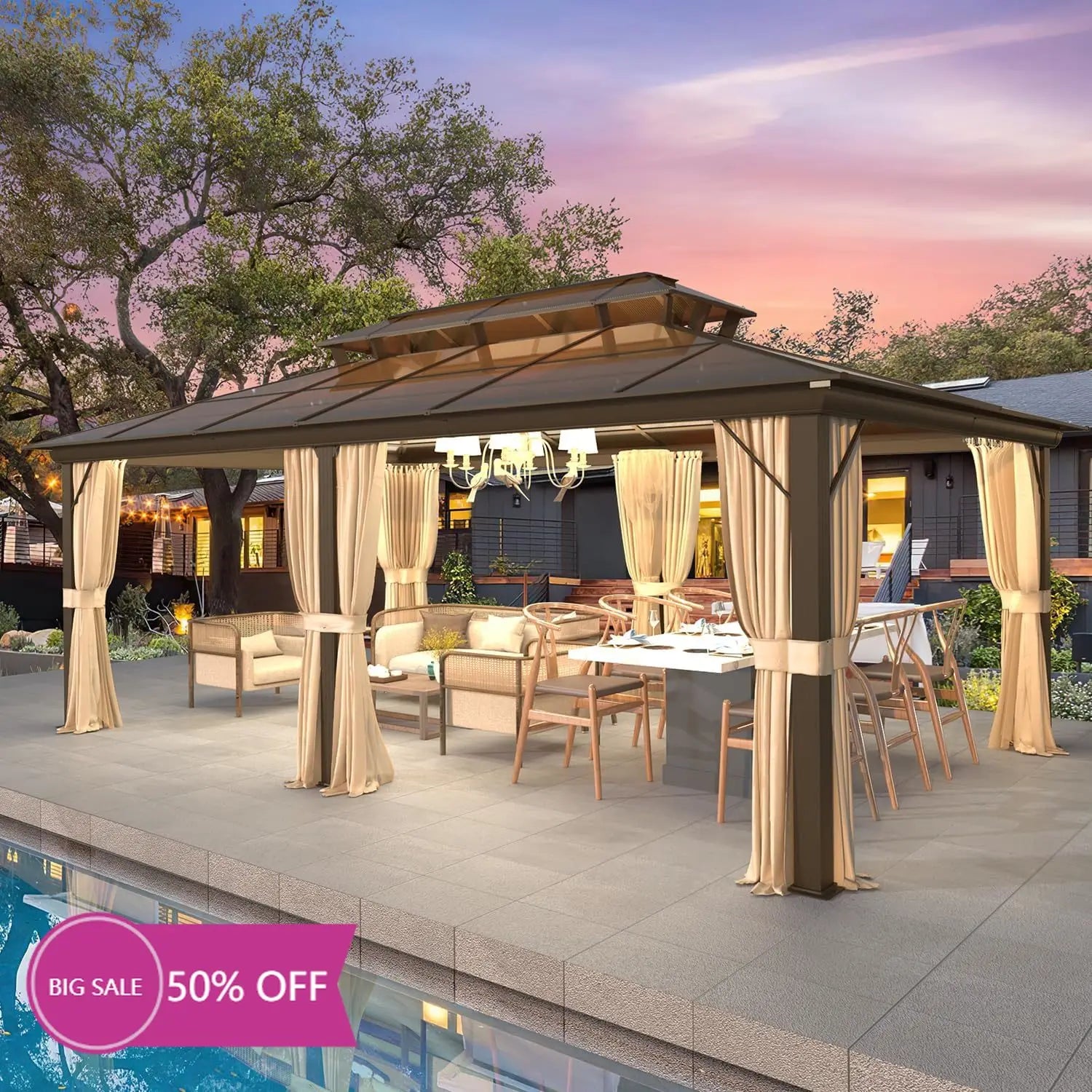 12x20ft Hardtop Gazebo, Polycarbonate Double Roof Aluminum Gazebos, Outdoor Waterproof Pergola with Netting and Curtains for