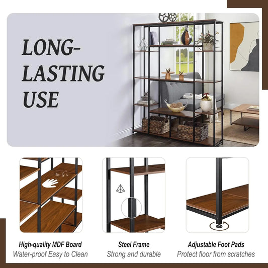 5 Tier Bookshelf, Industrial Tall Bookcase, Rustic Freestanding Storage Shelf For Living Room, Bedroom And Home Office, Metal