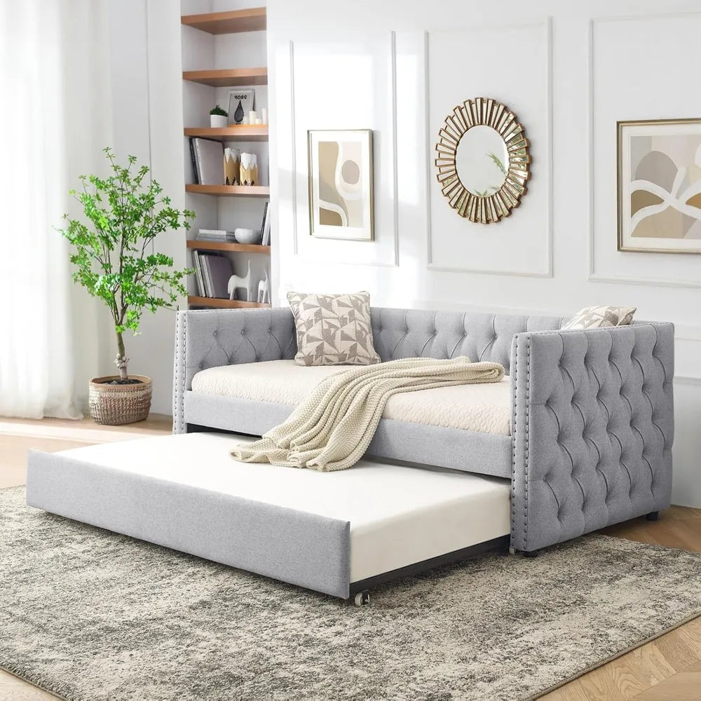 Linen Upholstered Twin Daybed with Trundle and Tufted Button Sofa Frame, No Box Spring Needed - For Bedroom, Living Room, Guest