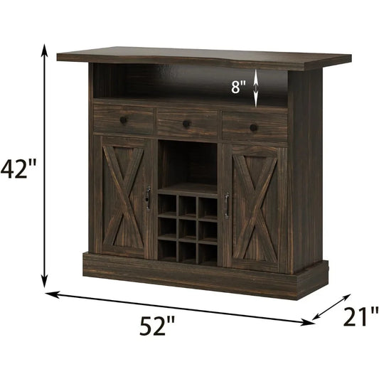 Farmhouse Home Bar Unit with 4-Tier Storage, 52 Inch Home Bar Table with 3 Drawers and 9 Wine Racks, Wine and Liquor Cabinet