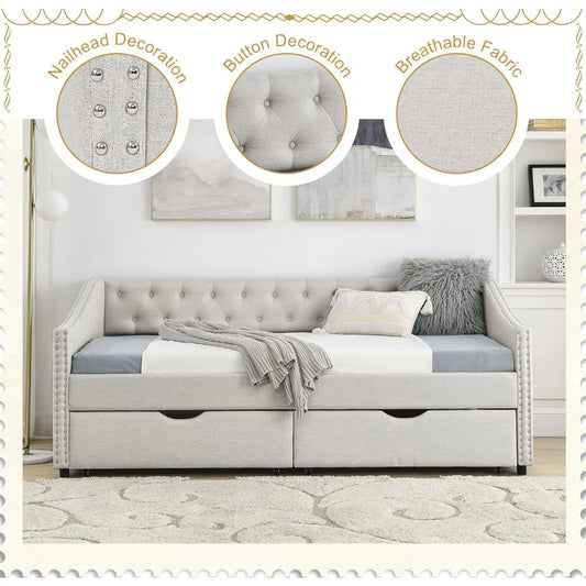 Wood Twin Daybed Frame with 2 Storage Drawers, Upholstered with Button and Nailhead Design for Bedroom Guest Room
