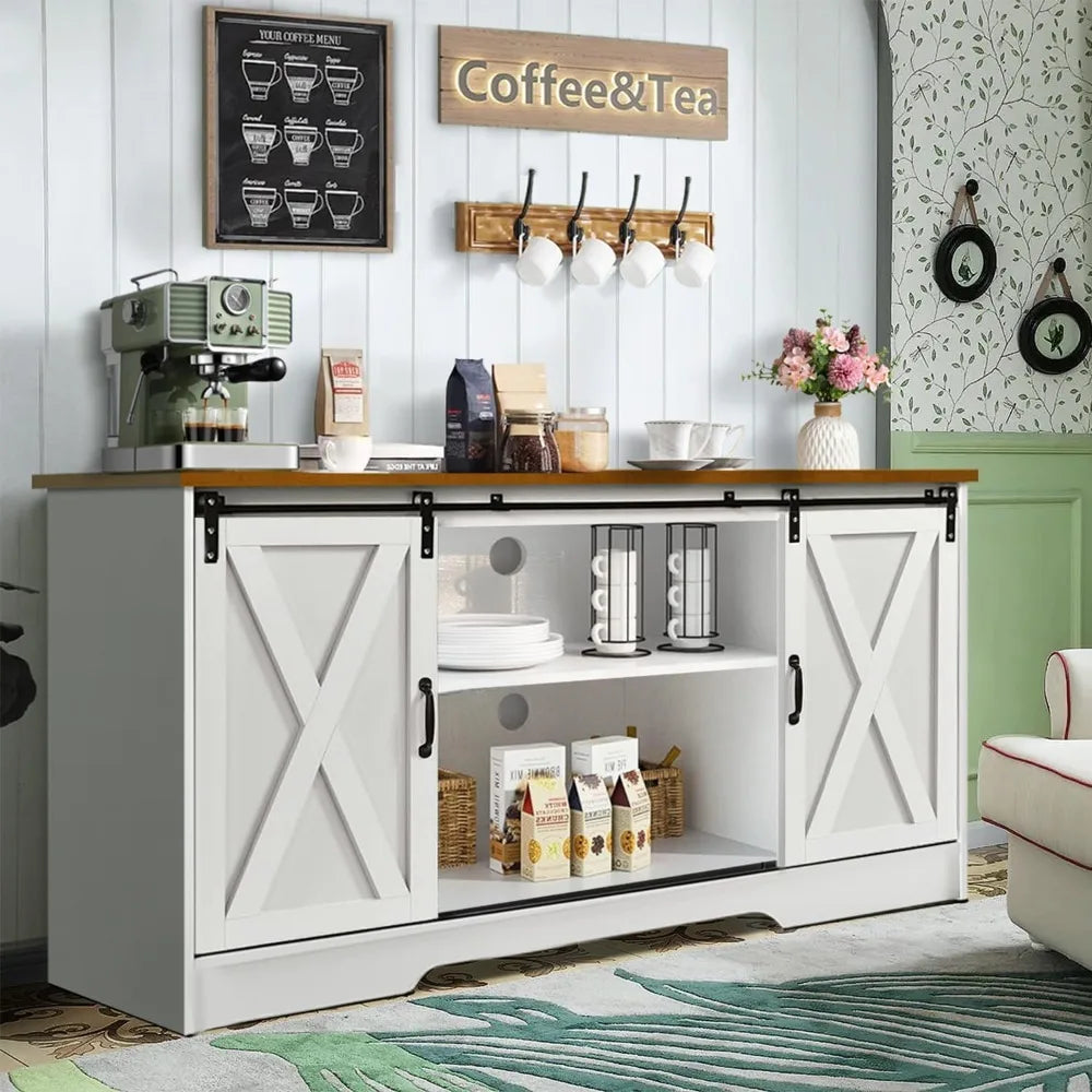 Farmhouse Coffee Bar Cabinet, 59" Buffet Cabinet with Storage & Sliding Barn Doors, Kitchen Storage Cabinet, Coffe