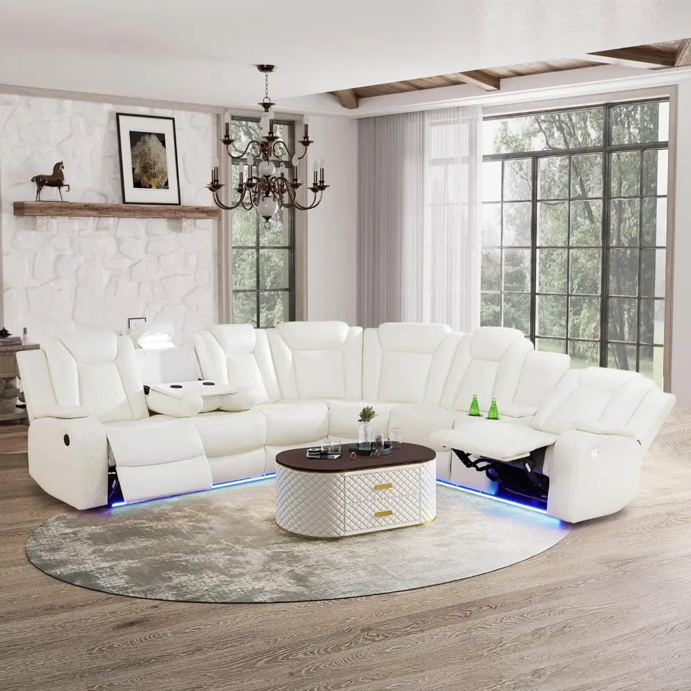 Sofa Living Room, Power Reclining Sectional Sofa USB Chargers And Storage Console, Leather Recliner Sofa For Living Room Set