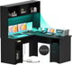 60" Office Desk with Drawers & Hutch, Large L Shaped Computer Desk with Power Outlet & LED Lights, File Cabinets，Corner Desk