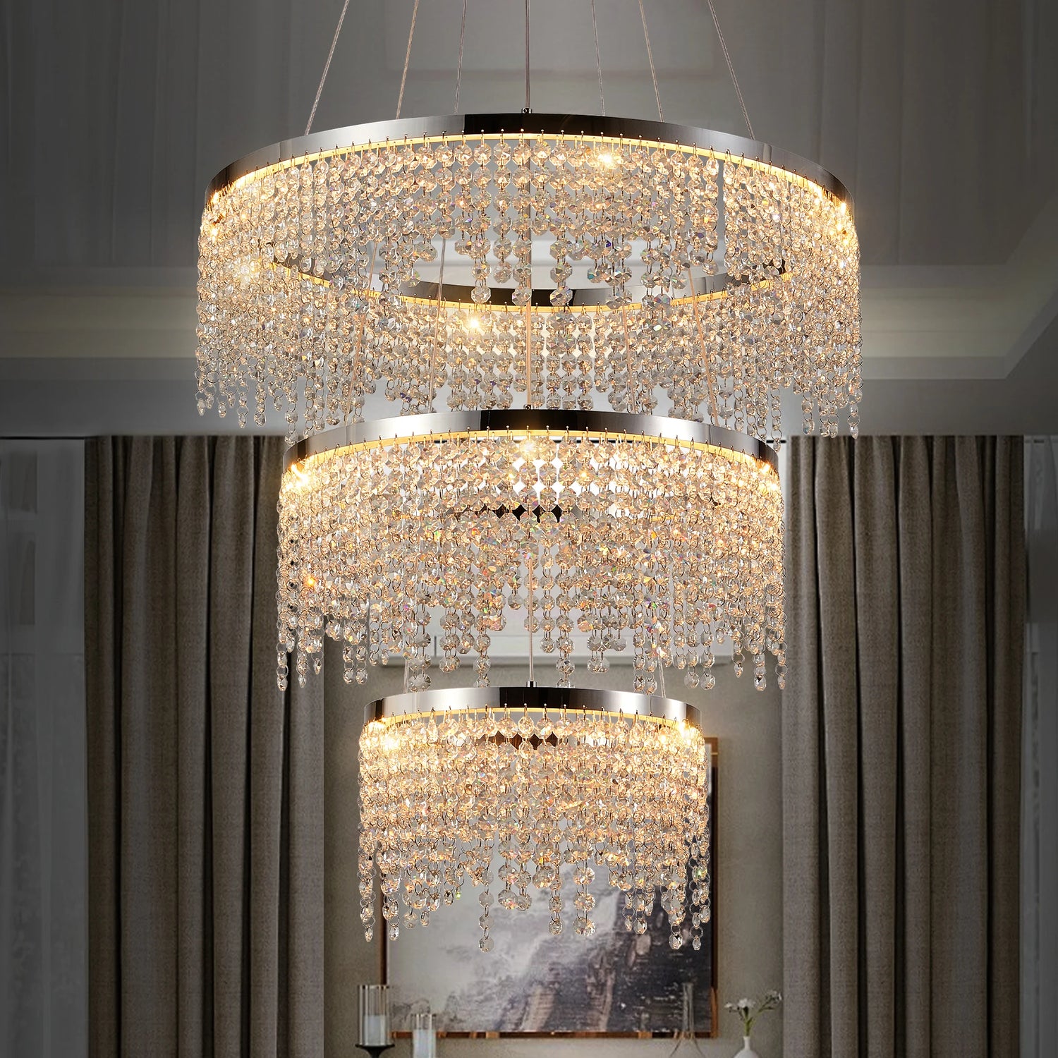 23.6-inch Crystal Chandelier, Dimmable Led Ceiling Lamp, Adjustable Color Temperature 3000K/4000K/6000K, Height Adjustable, Luxury Round Chandelier Arrival 6-10 days