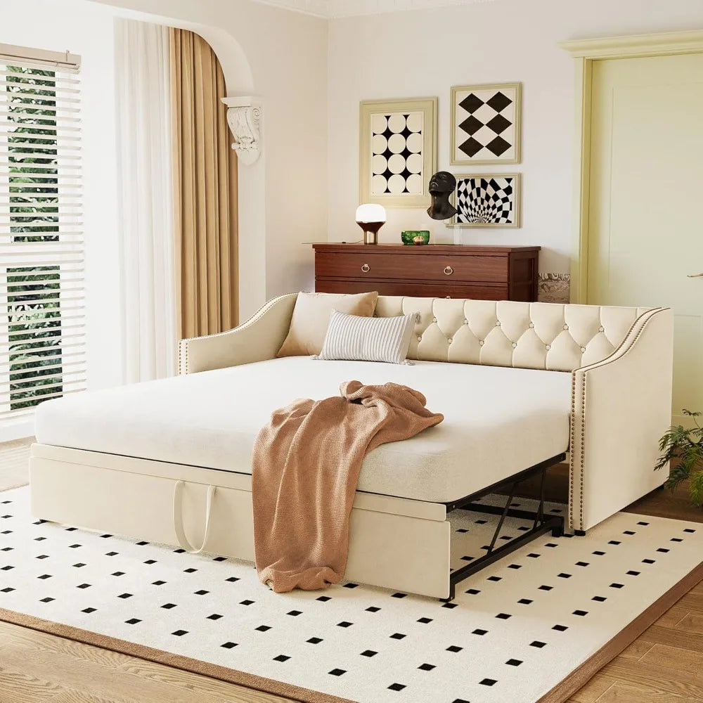 Twin Size Upholstered Daybed with Pop Up Trundle, Velvet Extendable Daybed with Tufted Backrest, Twin to King Daybed Sofa Bed Fr
