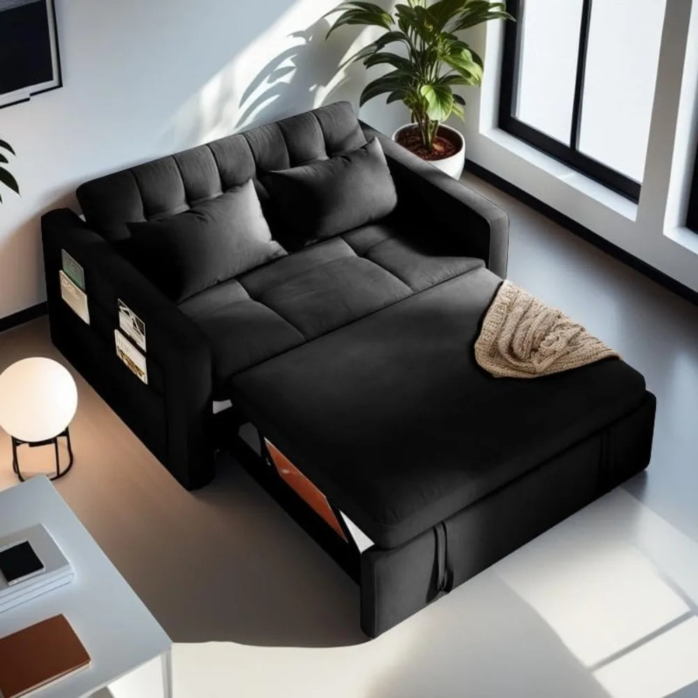 55" Convertible Sofa Bed, Velvet Sleeper Sofa with Pull-Out Bed, 3-in-1 Futon Couch with Reclining Backrest and Side Pocket, Mo
