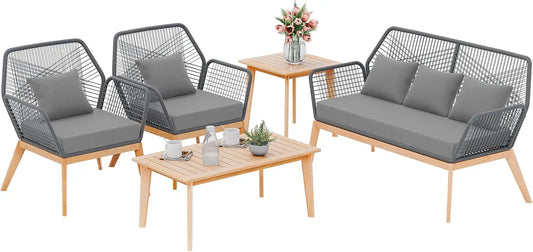 Outdoor Patio Furniture Set,5 Pieces Indoor Rope Woven Sectional Sofa Set Modern Oak Patio Conversation Sets with Wooden T