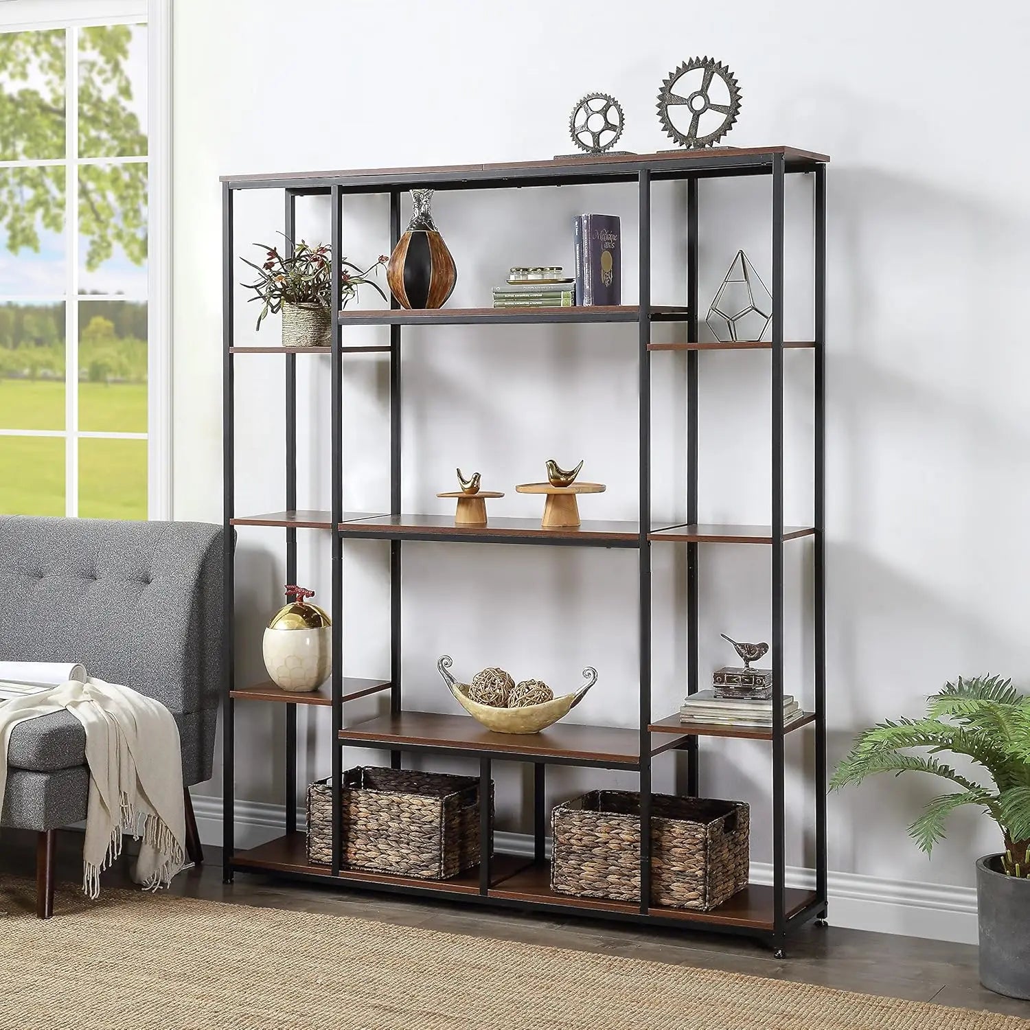 5 Tier Bookshelf, Industrial Tall Bookcase, Rustic Freestanding Storage Shelf For Living Room, Bedroom And Home Office, Metal