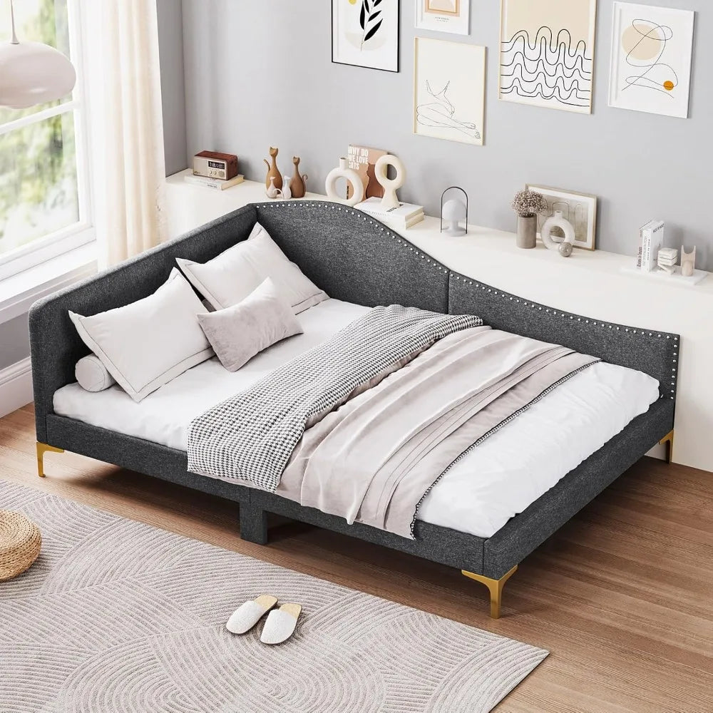 Upholstered Daybed, Rivet-Tufted Platform Bed with Headboard, Metal Legs & Wood Slats, L-Shaped Corner Sofa Bed for Living Room
