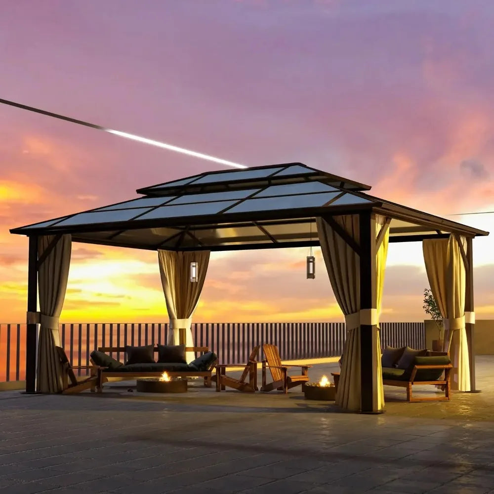 Gazebo, 12'x16' Hardtop Outdoor Polycarbonate Double Roof Canopy, Aluminum Frame Permanent Pavilion, Lawns, Gazebo