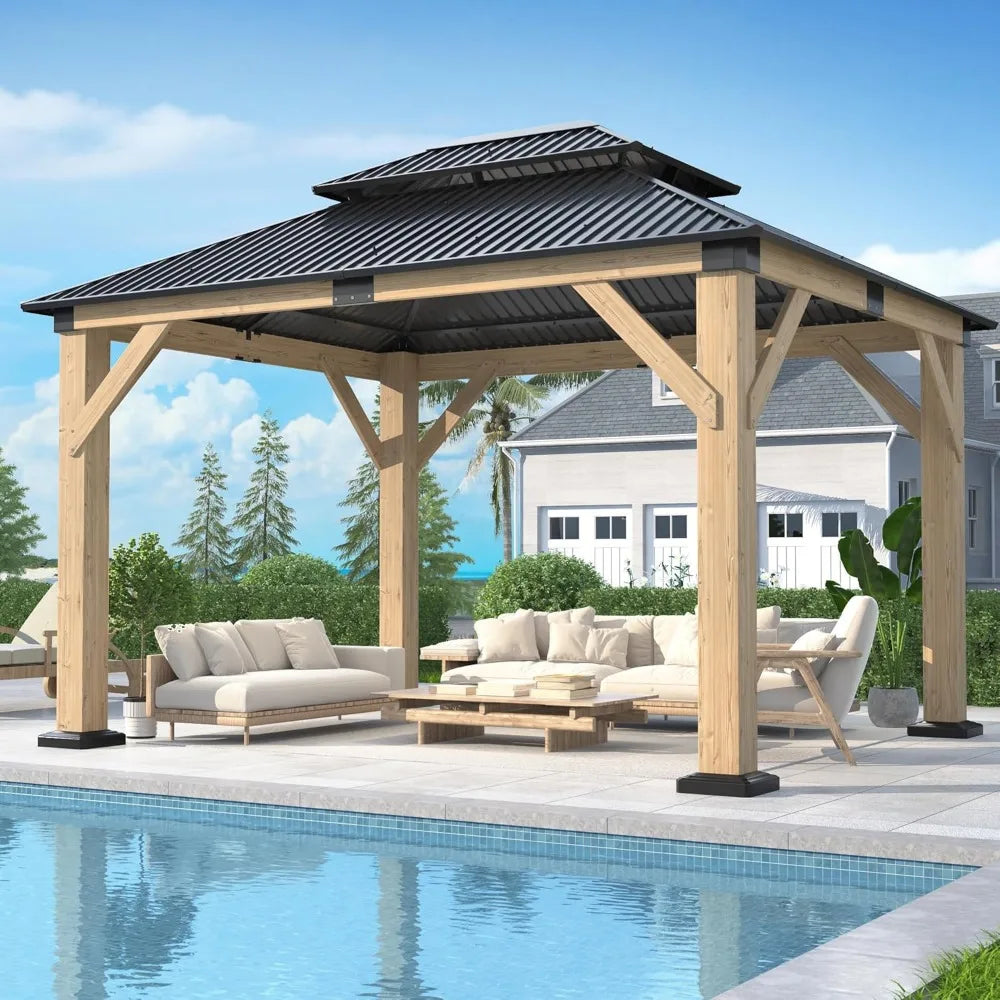 10' x 12' Outdoor Wooden Gazebo - Patio Hardtop Gazebo Permanent Wooden Pavilion with Galvanized Steel Double Roof, Cedar Wood G