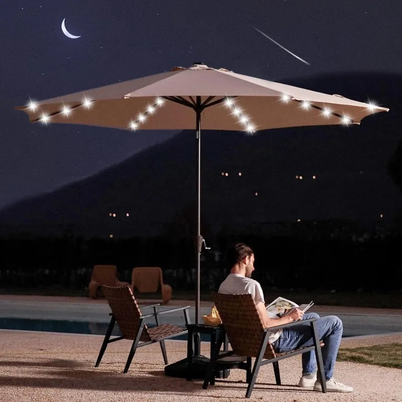LED Lighted Patio Umbrella, Solar Outdoor Umbrella, Tilt Table Umbrella for Pool, Deck & Yard (Beige)