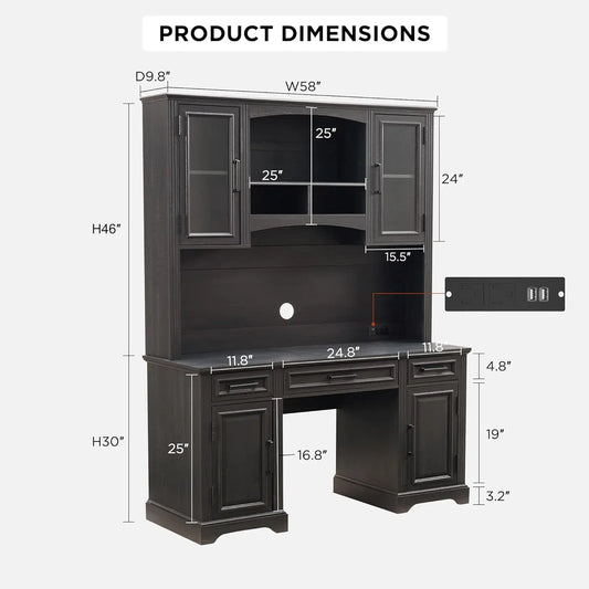 JXQTLINGMU Farmhouse 76" Height Computer Office Desk with Hutch Charging Station Drawers Storage Cabinet Workstation Home