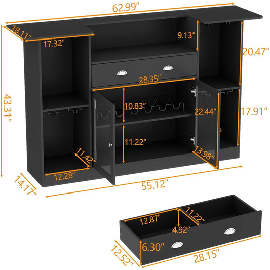 Loomie Bar Table Cabinet with LED & Drawer, Mini Liquor Bar with 8-Tier Storage & Stemware Holder, Wine Alcohol Bar Stand