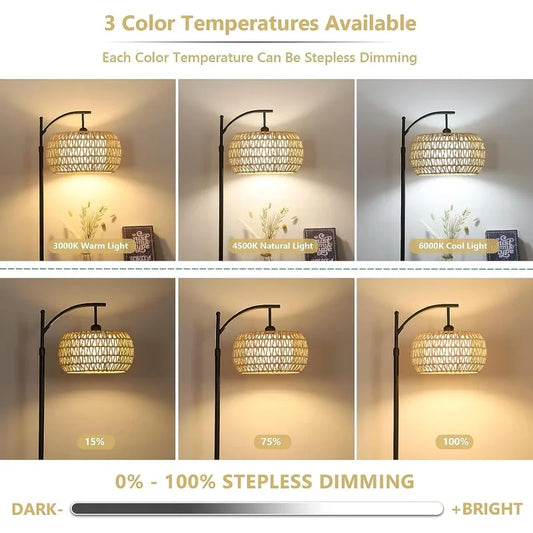 Arc Floor Lamp for Living Room Rattan Boho Floor Lamp with Remote Control,Dimmable LED Floor Lamp Wicker Shades