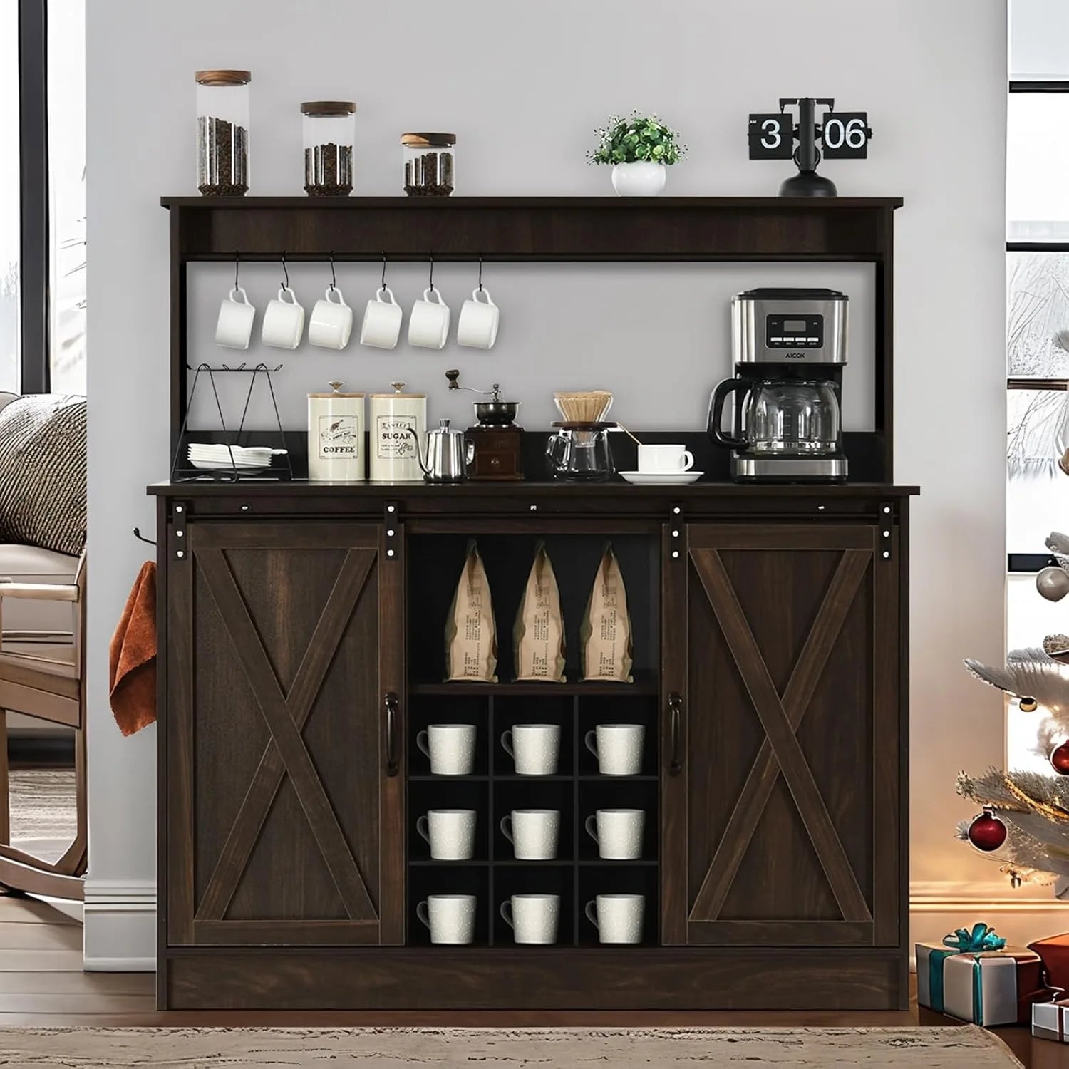 Farmhouse Coffee Bar Cabinet with 6 Hooks, 47 Inch Coffee Bar Hutch with 9 Wine Racks, Coffee Bar Table with Sliding Barn Door