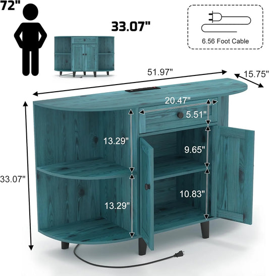 Sideboard Buffet Cabinet w/ Power Outlet,Freestanding Kitchen Cabinet with Storage,Accent Coffee Bar with Doors,Vintage Blue