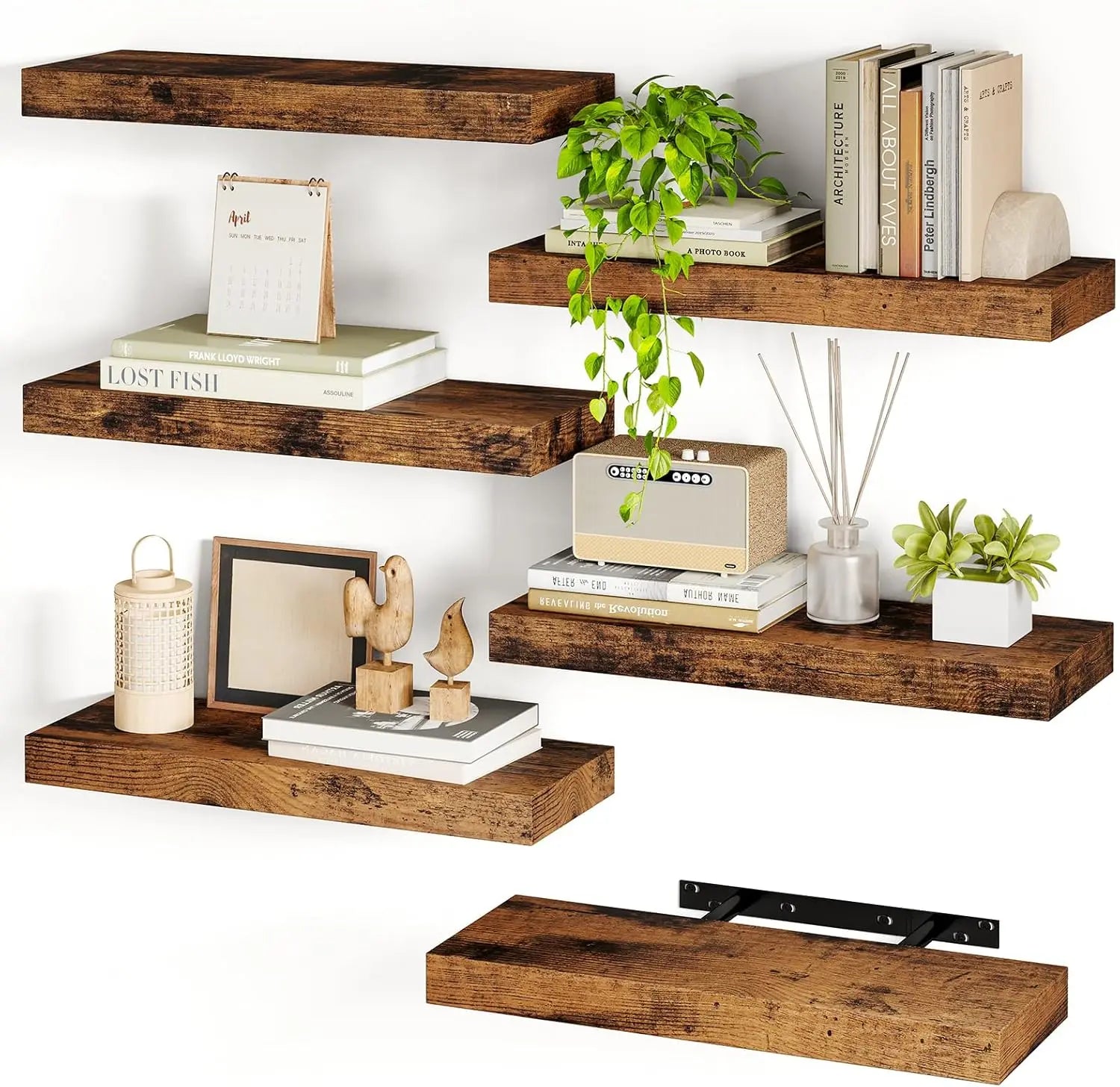 15.8in Floating Shelves, Set of 6 Wood Shelves, Farmhouse Shelf Wall Decor for Bathroom, Bedroom, Living and Kitchen Room