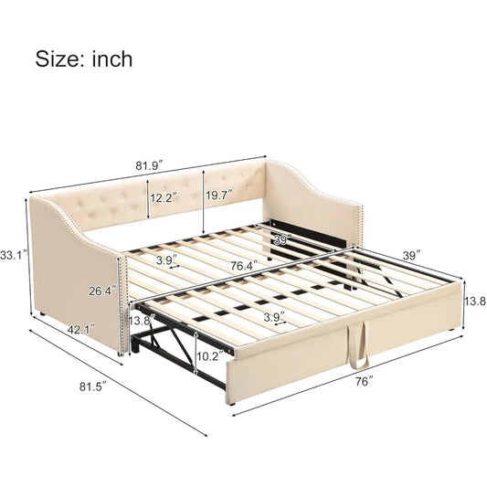 Twin Size Upholstered Daybed with Pop Up Trundle, Velvet Extendable Daybed with Tufted Backrest, Twin to King Daybed Sofa Bed Fr