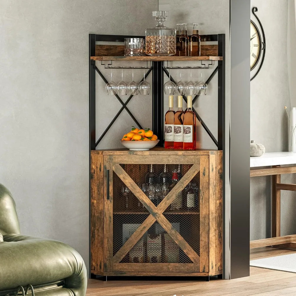 Corner Bar Cabinet with Storage, Wine Cabinet with Glass Holder, Metal Mesh Door & Adjustable Shelf, Liquor Cabinet Bar for Home