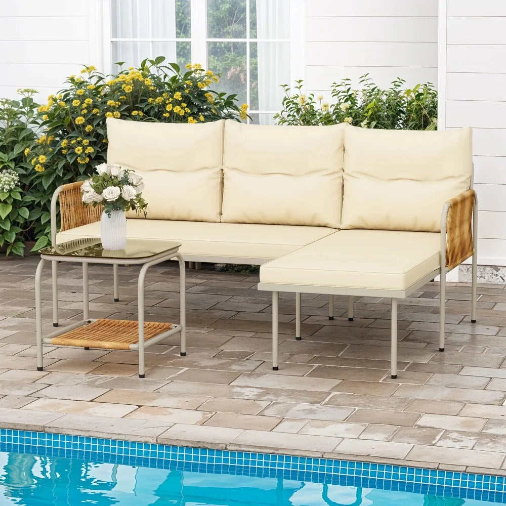 3-Piece Outdoor Wicker Patio Furniture Set -Rattan L-Shaped Sectional Sofa with Detachable Lounger, Table, and Cushions