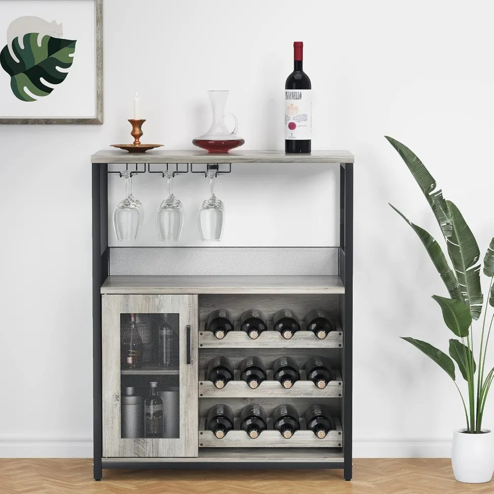 Wine Bar Rack Cabinet with Detachable Wine Rack, Bar Cabinet with Glass Holder, Small Sideboard and Buffet Cabinet with Mesh Doo