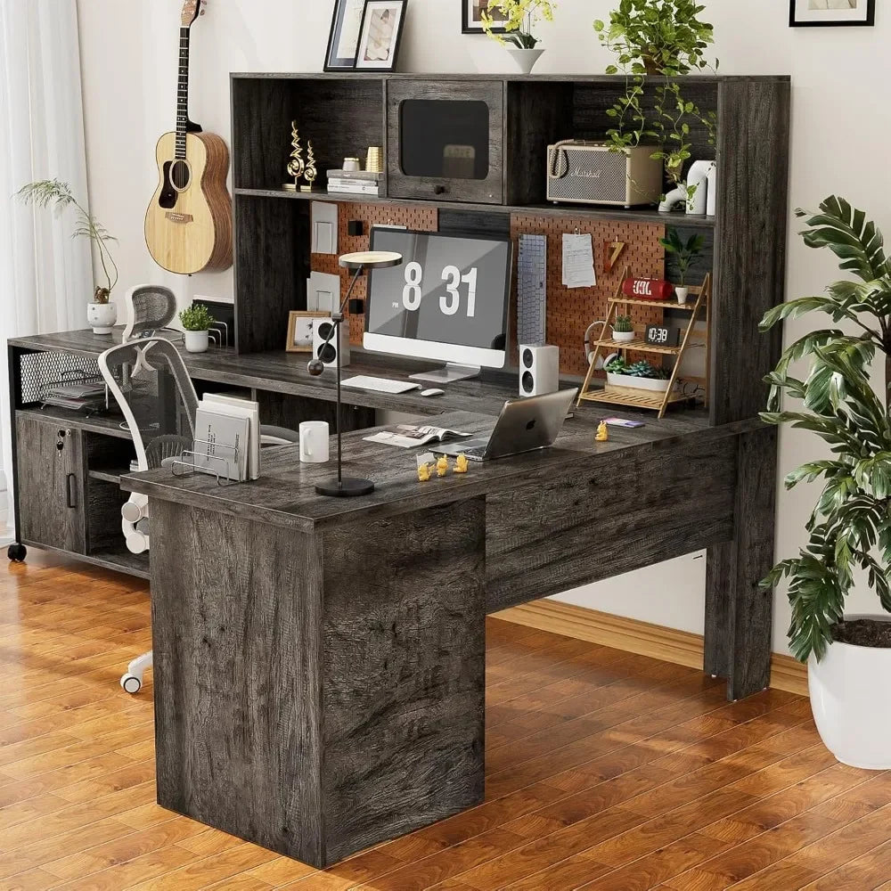 60" Office Desk with Drawers & Hutch, Large L Shaped Computer Desk with Power Outlet & LED Lights, File Cabinets，Corner Desk