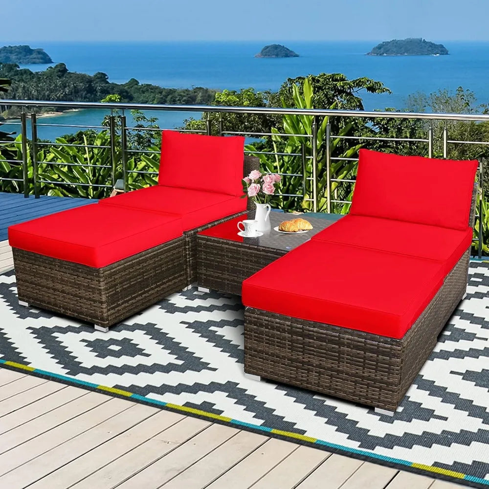 5-piece chaise longue set with ottoman and coffee table, outdoor rattan wicker chaise longue, sofa bed, sofa set with cushions
